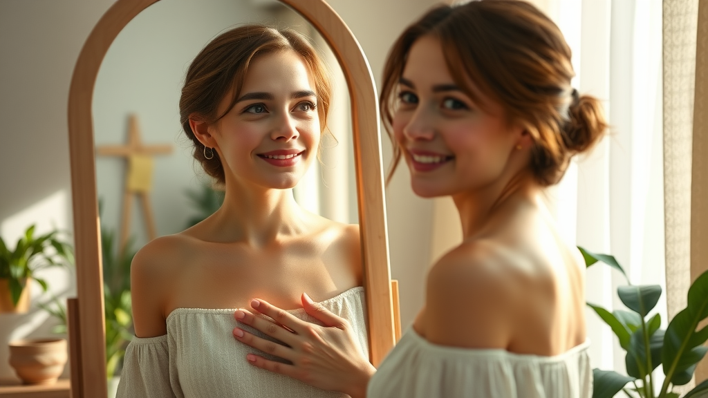 Woman overcoming limiting beliefs in manifesting, standing before a mirror with affirmation post-its, soft morning light and cozy decor.