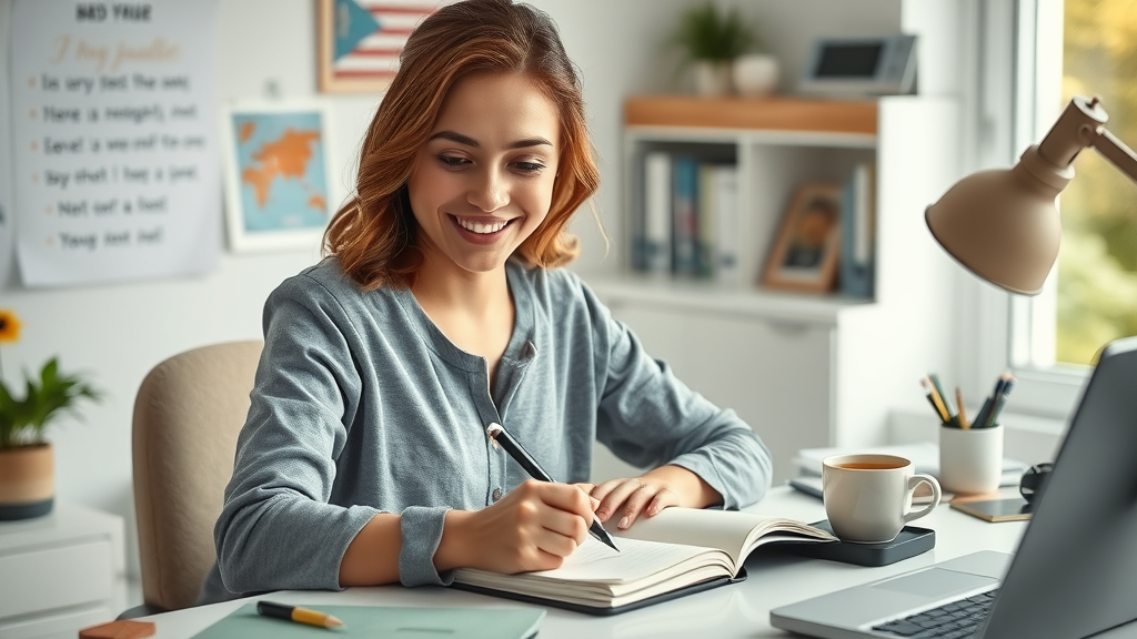 Confident woman practicing manifesting by taking aligned action, journaling at a home desk with motivational items and a cup of tea.