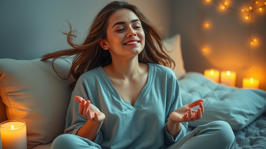 Young woman practicing visualization for manifesting success, eyes closed, peaceful expression in a meditative corner with soft pillows and candlelight.