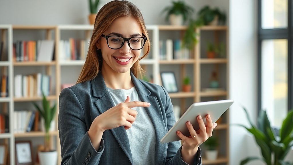 Professional female psychologist presenting manifesting research data on a tablet in a modern, plant-filled office.