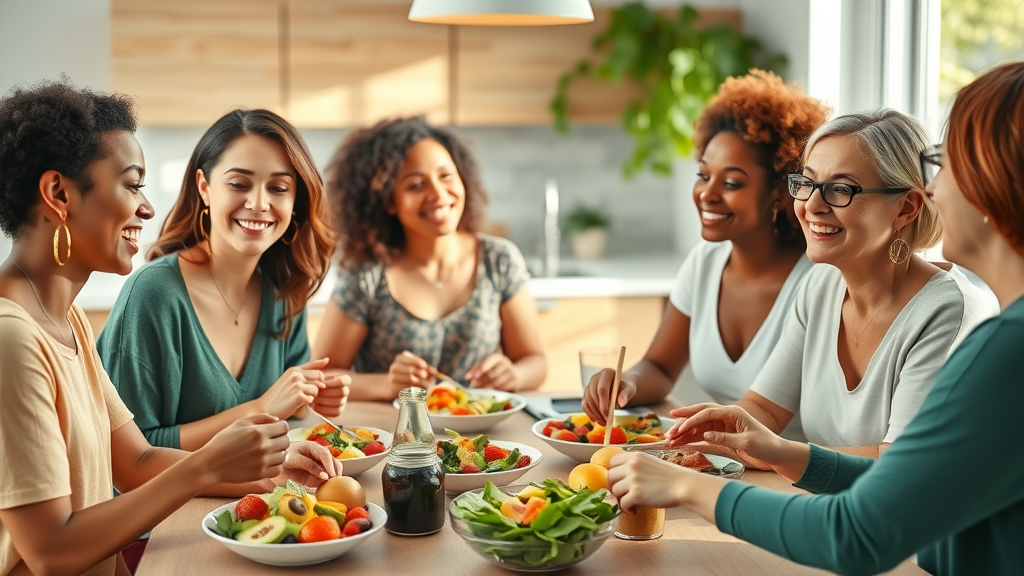 Group of diverse women sharing a healthy colorful meal for healthy eating in a sunlit kitchen with fresh fruits and leafy greens