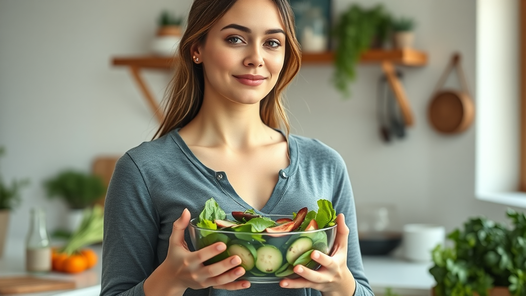 Confident woman with a bowl of salad promoting healthy eating and wellness