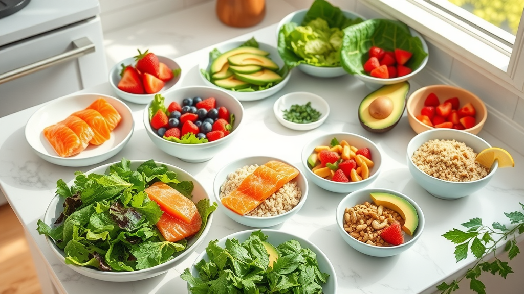 Inviting healthy food spread of leafy greens, salmon, berries, avocado, quinoa, nuts on a marble kitchen counter for healthy eating