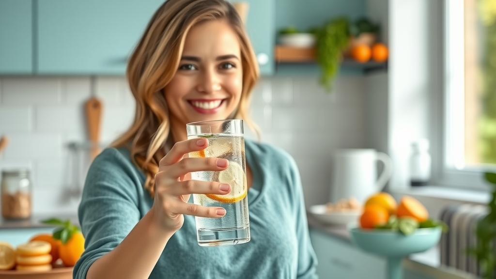 Woman choosing infused water over soda for healthy eating in a bright kitchen