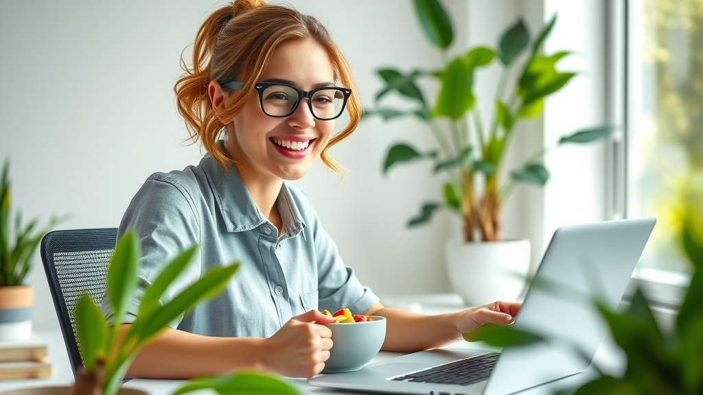 Energetic professional woman working at her desk with a healthy snack promoting energy from healthy eating