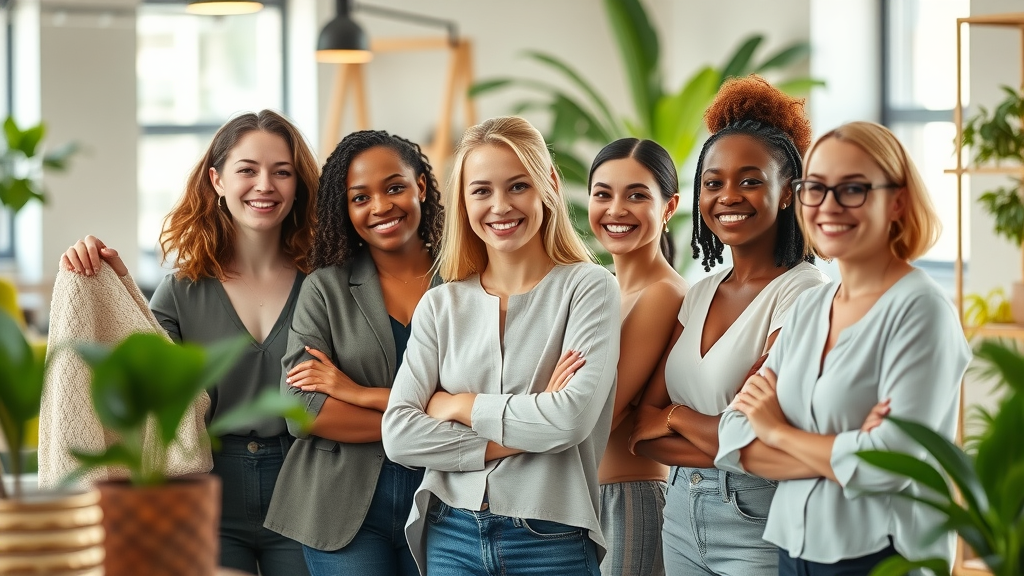 Empowering diverse professional women using visualization in a bright co-working space, standing confidently together, emphasizing wellness and success