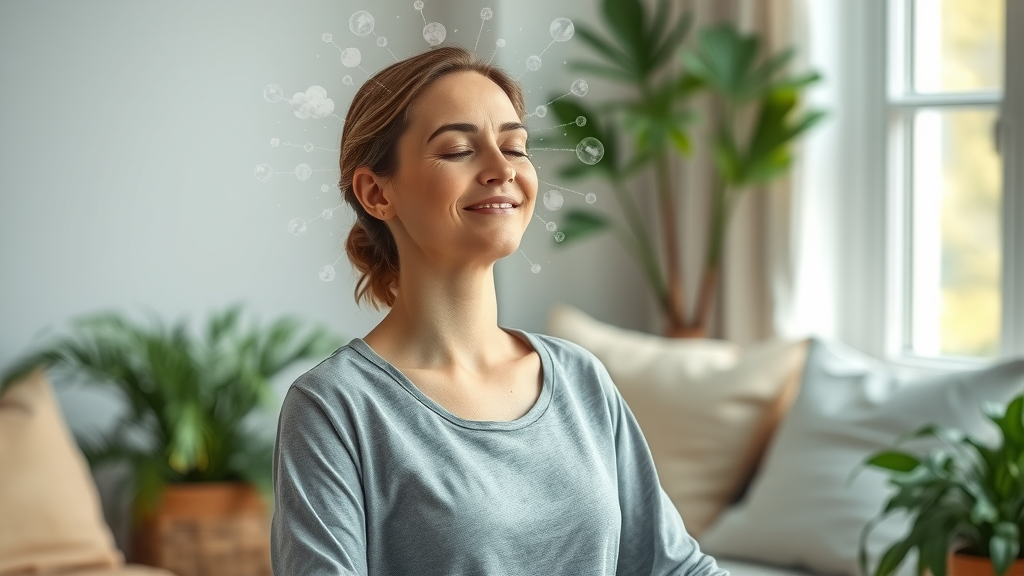Serene woman practicing visualization meditation in a tranquil home, with creative mindscape and soft natural lighting
