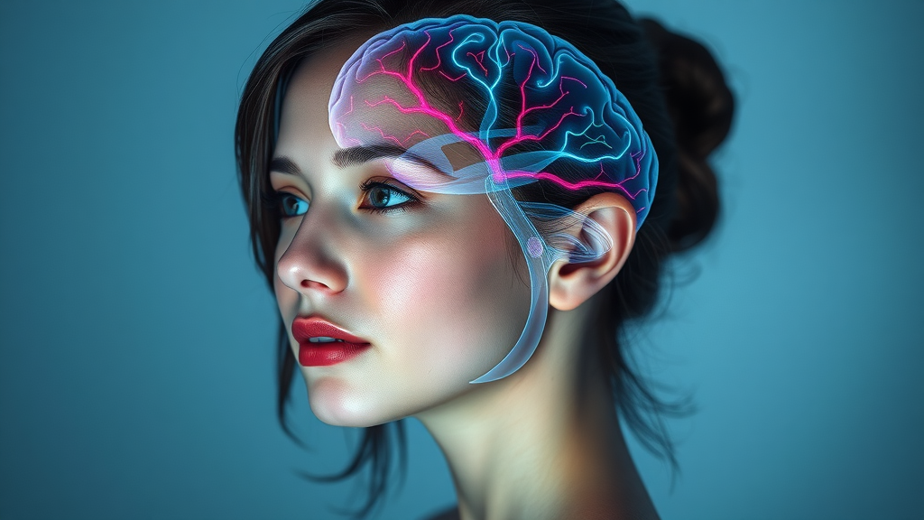 Scientific representation of female brain activity during visualization, showing colorful fMRI neural pathways overlain on a woman’s profile