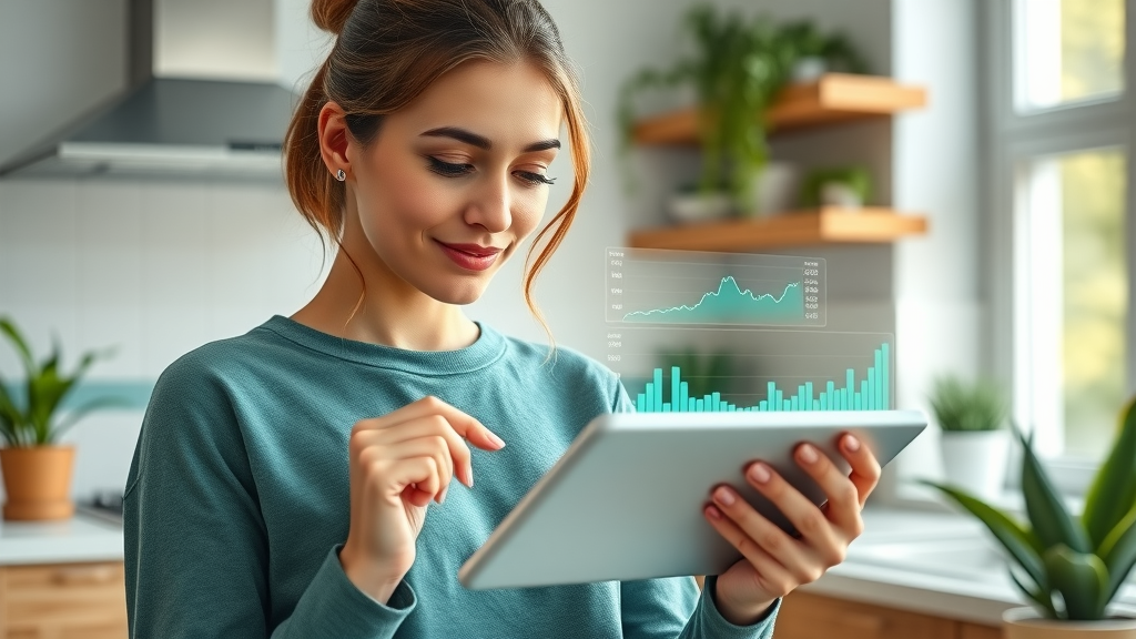 Young woman using data visualization app to track wellness goals, surrounded by vibrant infographic holograms on a digital tablet