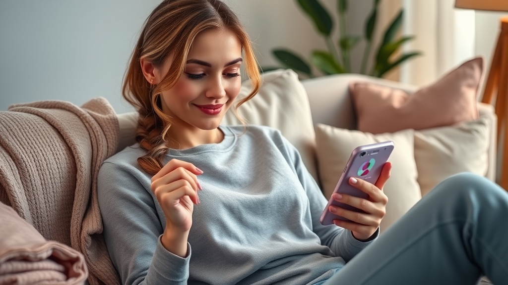 Relaxed woman exploring a visualization app with vibrant charts and icons, reflecting health and wellness tracking in a cozy living room