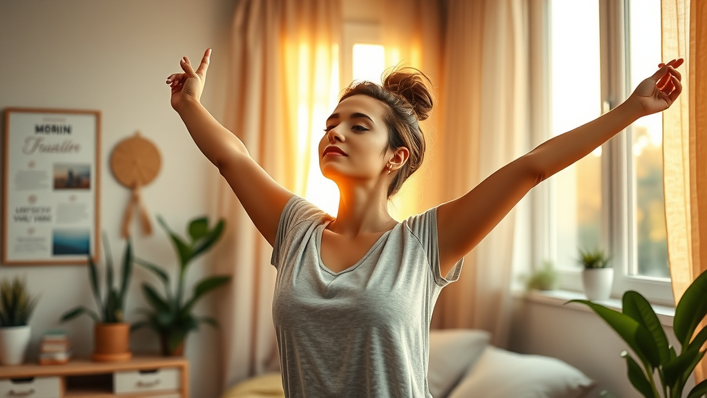 Motivated woman practicing morning visualization routine at sunrise, with vision board and inspirational decor in an airy bedroom