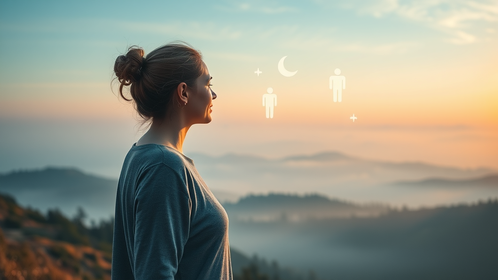 Reflective woman practicing visualization, gazing at misty sunrise landscape with imagined goals as floating icons in the sky