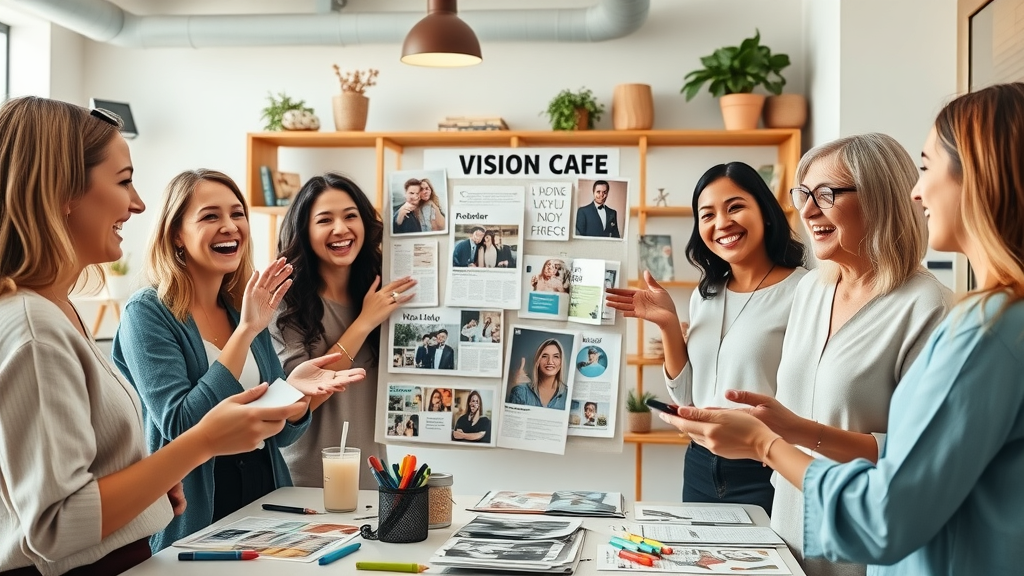 Group of women collaborating on a vibrant vision board, expressing encouragement, joy, and creativity during a visualization workshop
