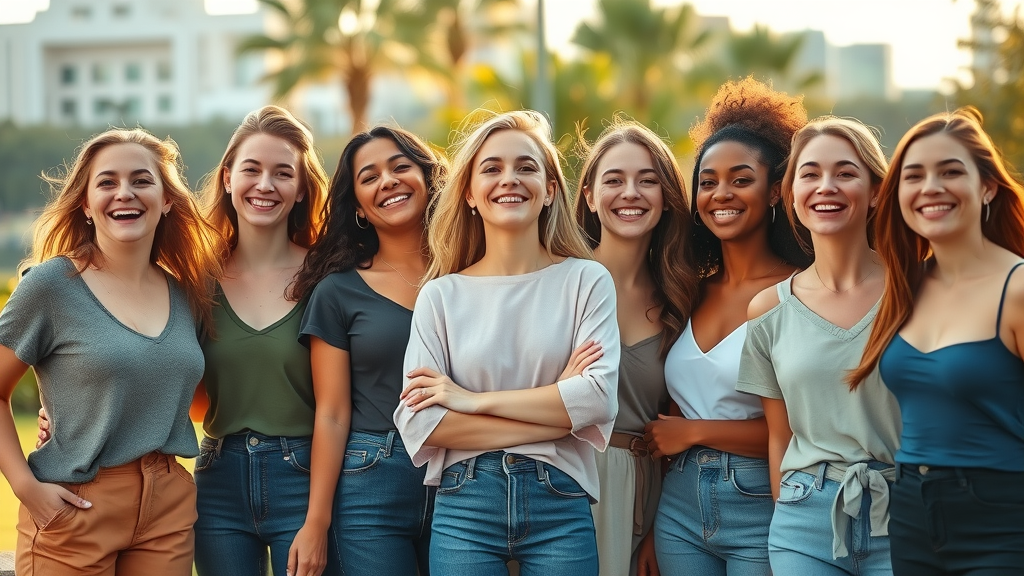 affirmations: Diverse group of confident women in an urban park, empowered and uplifted