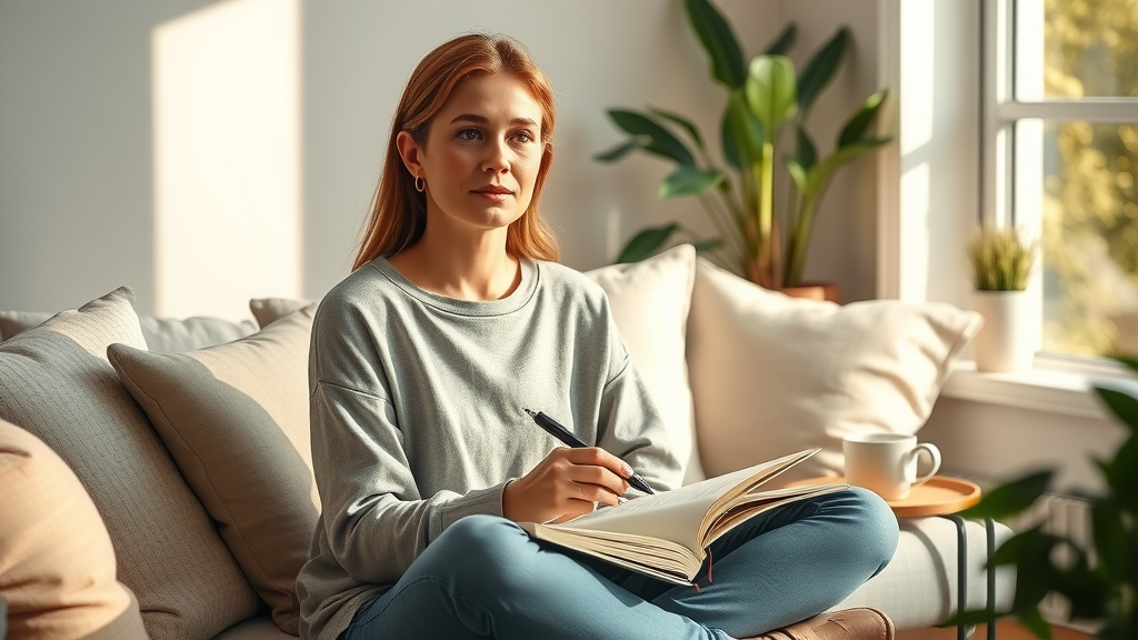 positive affirmations: Calm, serene woman journaling affirmations in a cozy living room