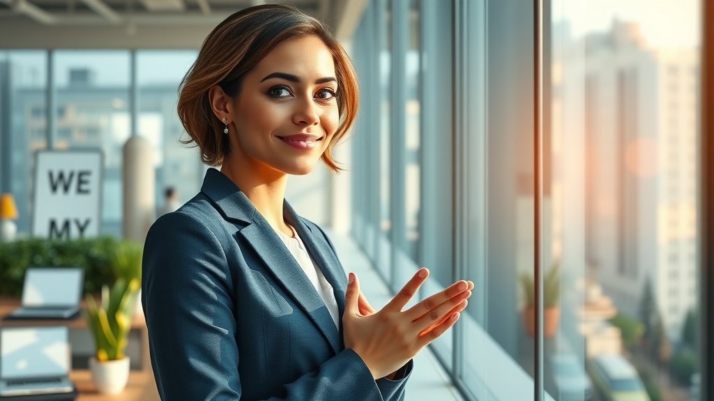 affirmations: Professional woman empowered by positive thinking at office window