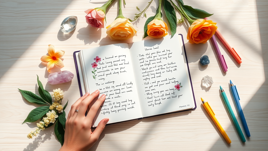 daily affirmations: Flatlay of affirmation journal, fresh flowers, and pens on a wooden desk