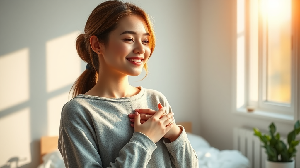 daily affirmations: Peaceful woman starting her morning with affirmations at sunrise