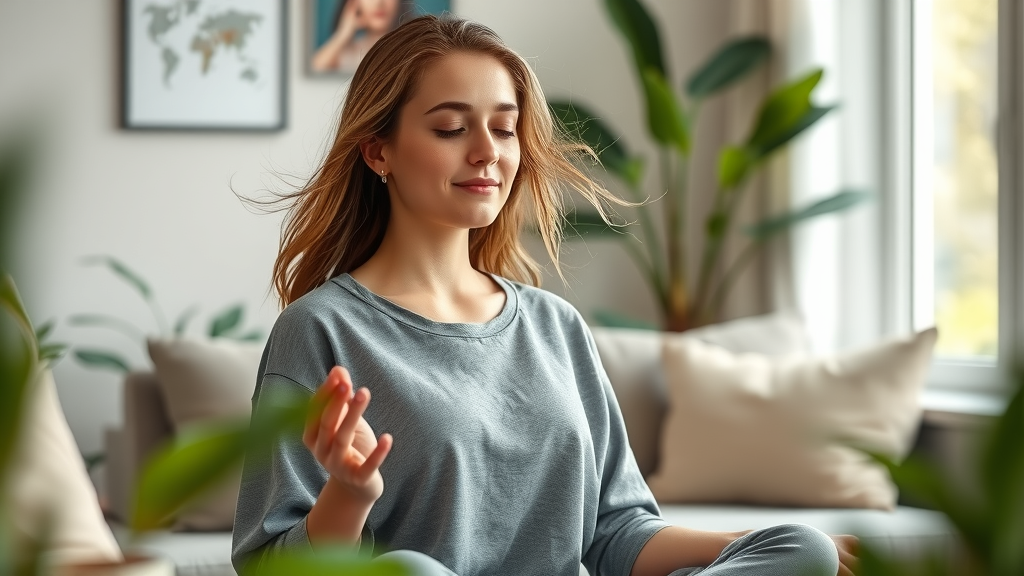 stress relief for women practicing deep breathing in a cozy living room with hands on her lap, surrounded by plants and soft textures, under gentle morning light