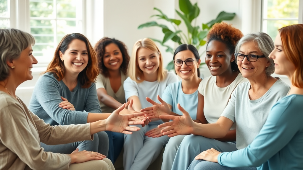 diverse group of women sharing stress relief tips in a bright inviting space, sunlight and greenery outside, supportive hand gestures