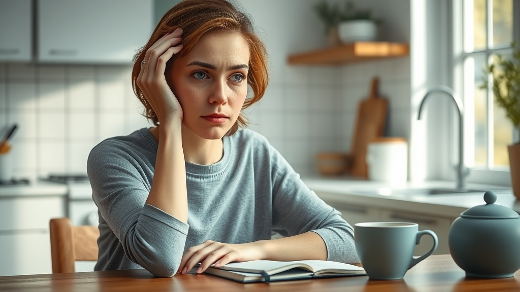 thoughtful woman stressed, holding head, seated at kitchen table, soft morning light and soothing blues