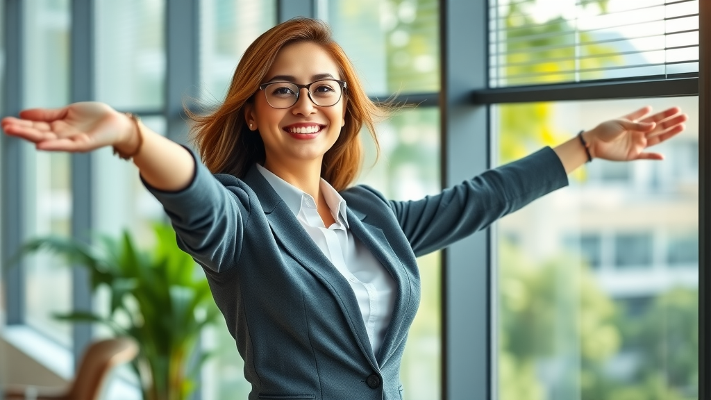 professional woman stretching near office window for stress relief, standing, smiling, surrounded by whites and greens in daylight