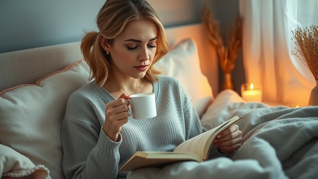 serene woman stress relief through journaling and tea, cozy bedroom scene, soft blankets and candlelight with peaceful ambiance