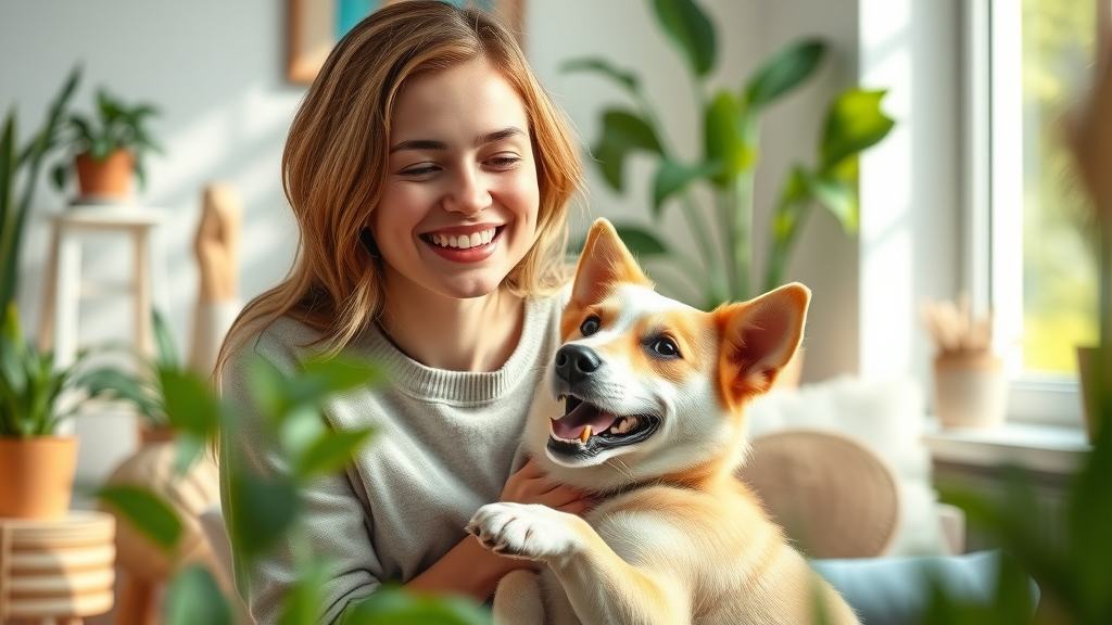 Smiling young woman with dog enjoying the benefits of pets and pet ownership for women in a sunny, plant-filled living room