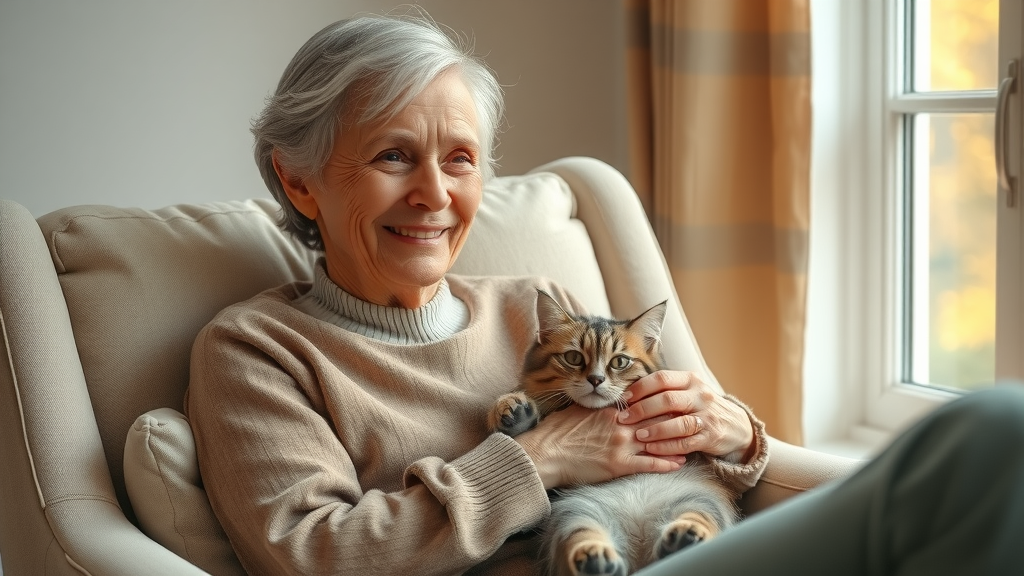 Serene older woman experiencing the benefits of pets for emotional support, gently petting her cat in a sunlit cozy armchair