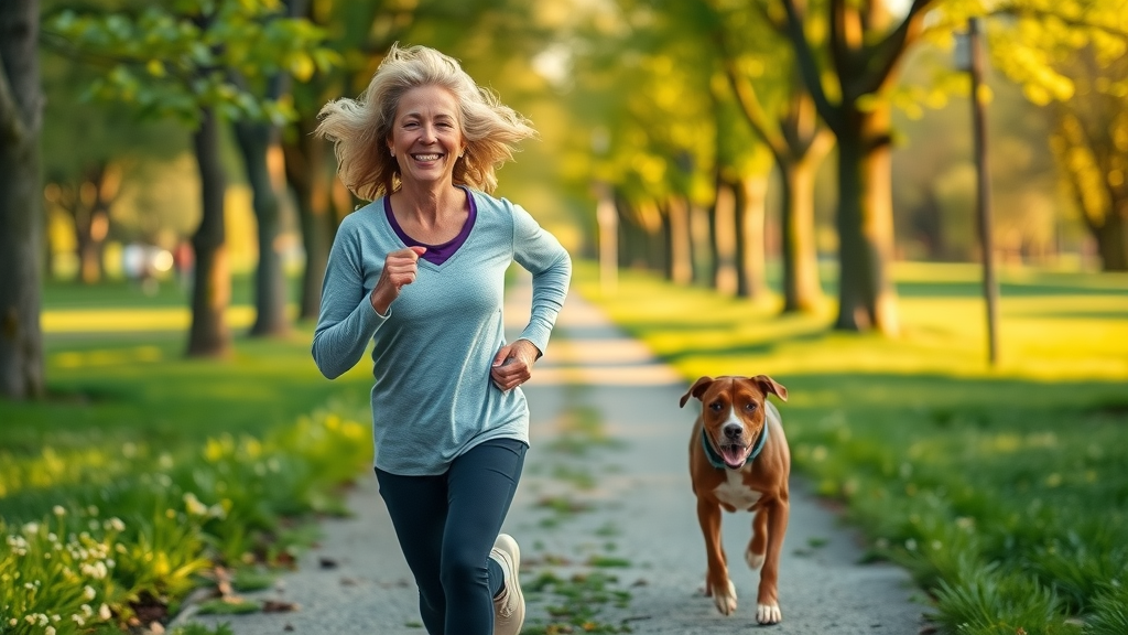 Middle-aged woman jogging with her dog, demonstrating the benefits of pet ownership for physical health and daily activity