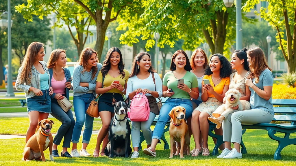 Diverse group of women socializing with their pets outdoors, demonstrating benefits of pets in building community and social life for women