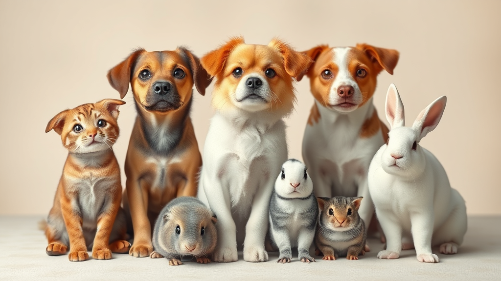 Group of popular pets for women—including dog, cat, bird, rabbit, guinea pig—posing together to illustrate the top animals for well-being