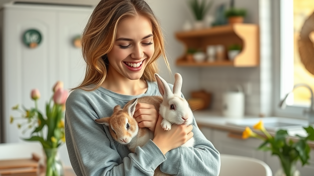 Young woman enjoying playful moment with her rabbit, showing the emotional and social benefits of pets for women