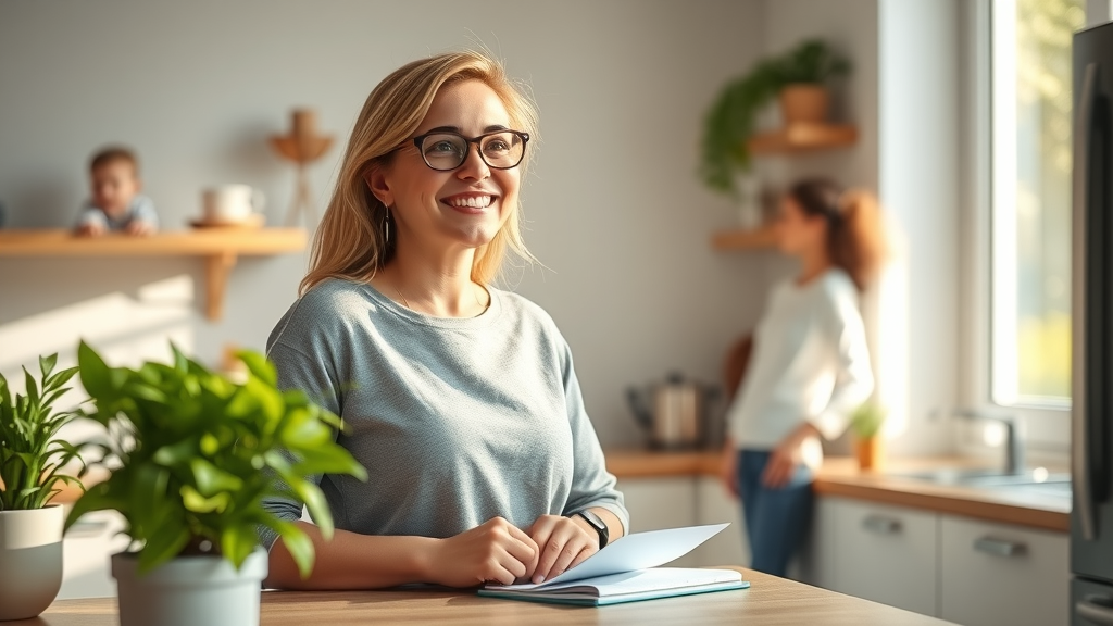 delegate chores to avoid overwhelm - cheerful woman in kitchen planning chores with family in the background, sunlight streaming in
