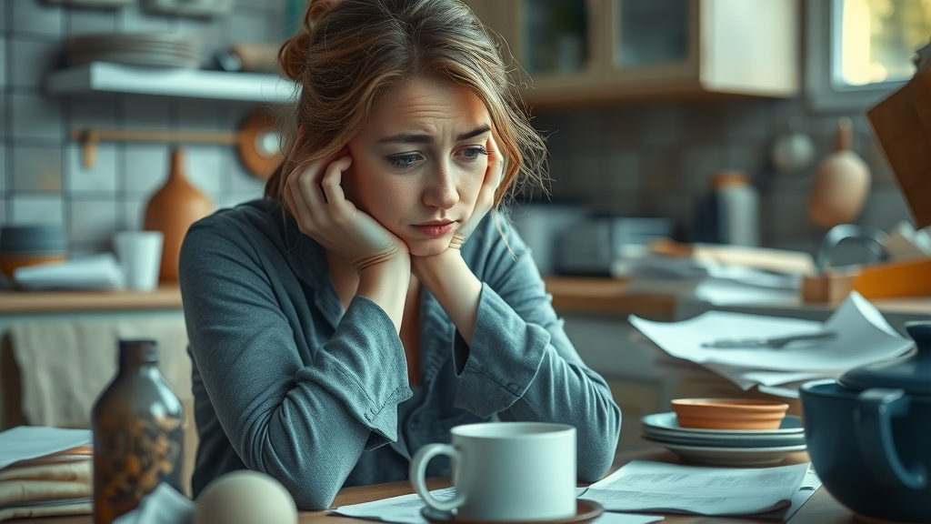 feeling overwhelmed by household chores - tired woman in cluttered kitchen