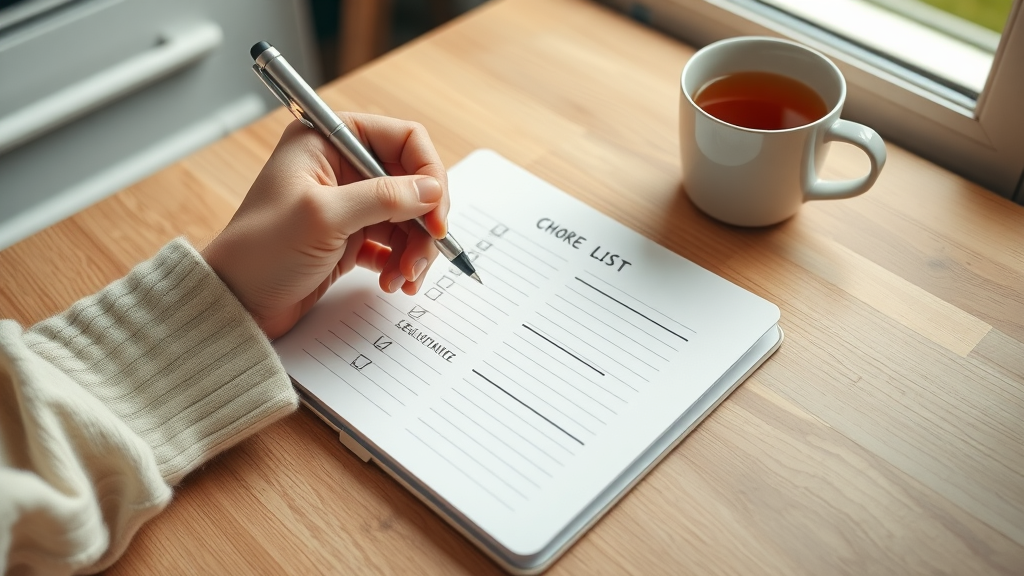 household task assessment - handwritten chore list showing daily and weekly tasks with items crossed out, sense of accomplishment
