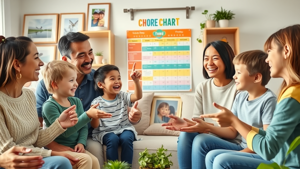 family members delegation - family meeting discussing chore chart with parents, children pointing and smiling