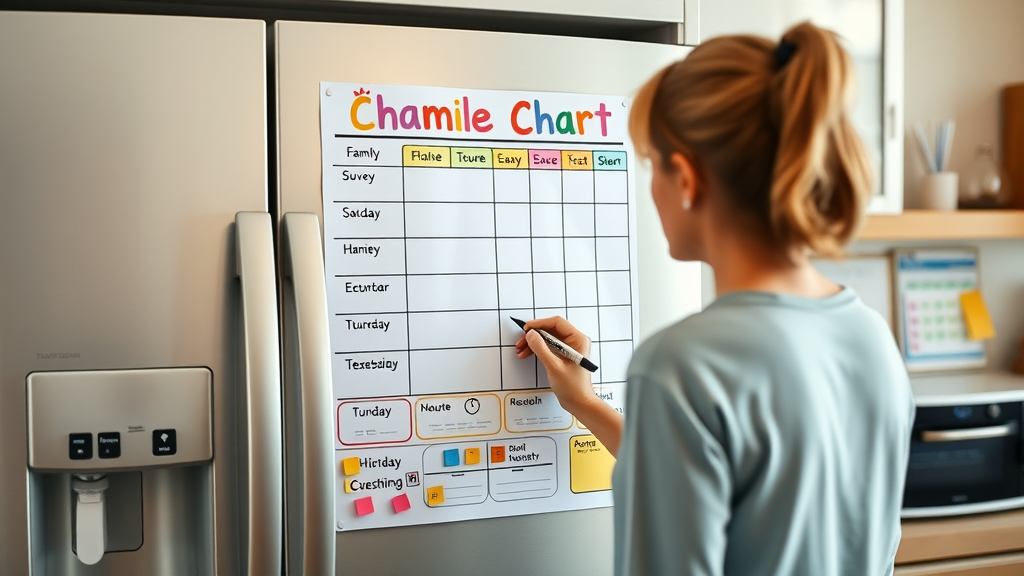 chore chart for family members - woman updating colorful family chore chart on refrigerator
