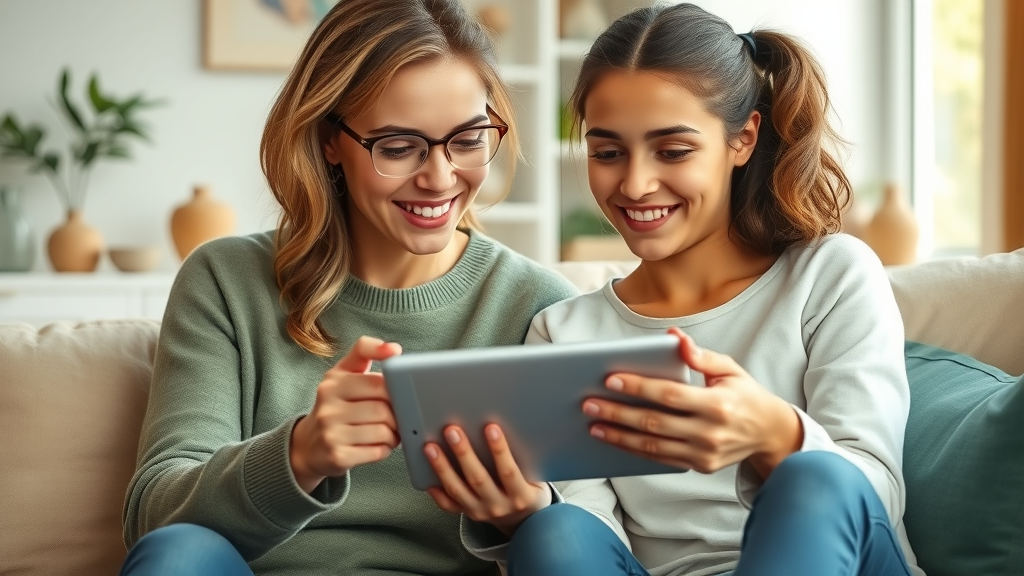 household chores app - mother and teenage daughter reviewing chore app on tablet