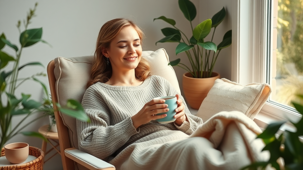 delegate chores to avoid overwhelm for self-care - peaceful woman enjoying downtime with tea and a blanket
