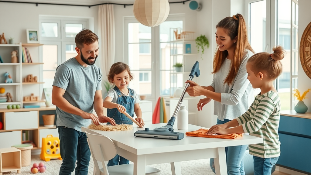 delegating household chores to teach life skills - kids wiping table, vacuuming, and working together